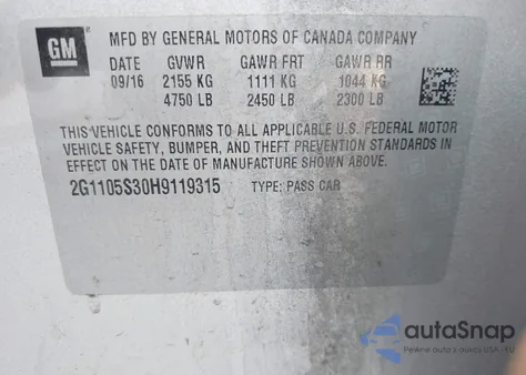 2017 Chevrolet Impala 1Lt from USA, damaged, VIN 2G1105S30H9119315